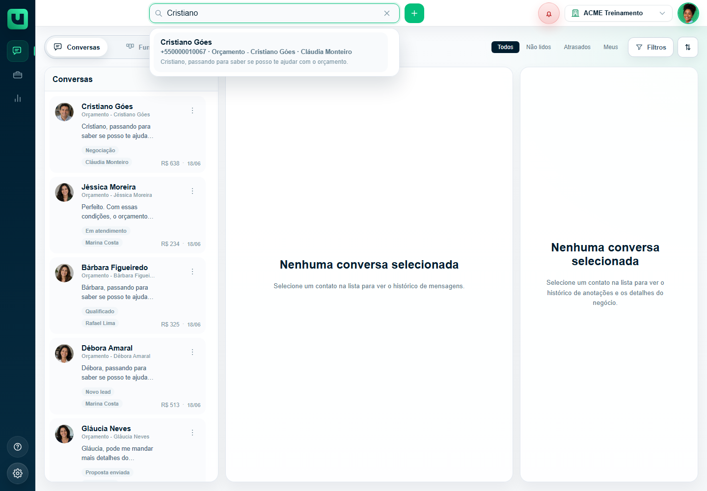 Busca global do meuats mostrando resultado de conversa e negócio