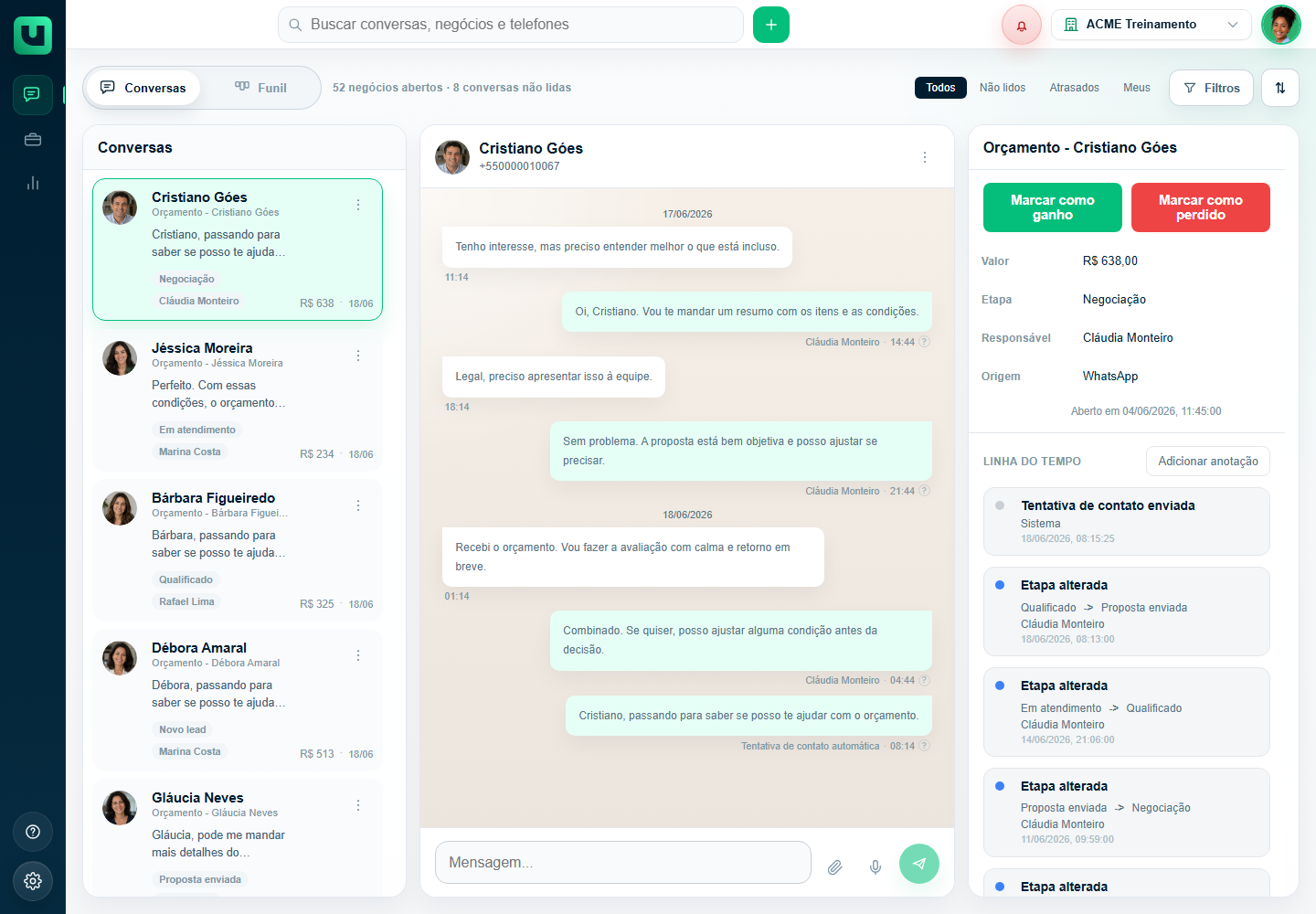 Tela Atendimento do meuats com lista de conversas, histórico de mensagens e painel do negócio