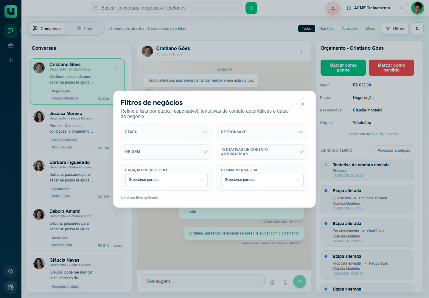Modal Filtros de negócios do Atendimento com filtros de etapa, responsável, origem, tentativas de contato automáticas, criação do negócio e última mensagem