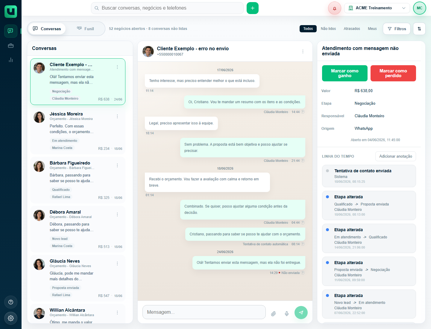 Tela Atendimento do meuats mostrando uma mensagem com aviso Não enviada dentro da conversa