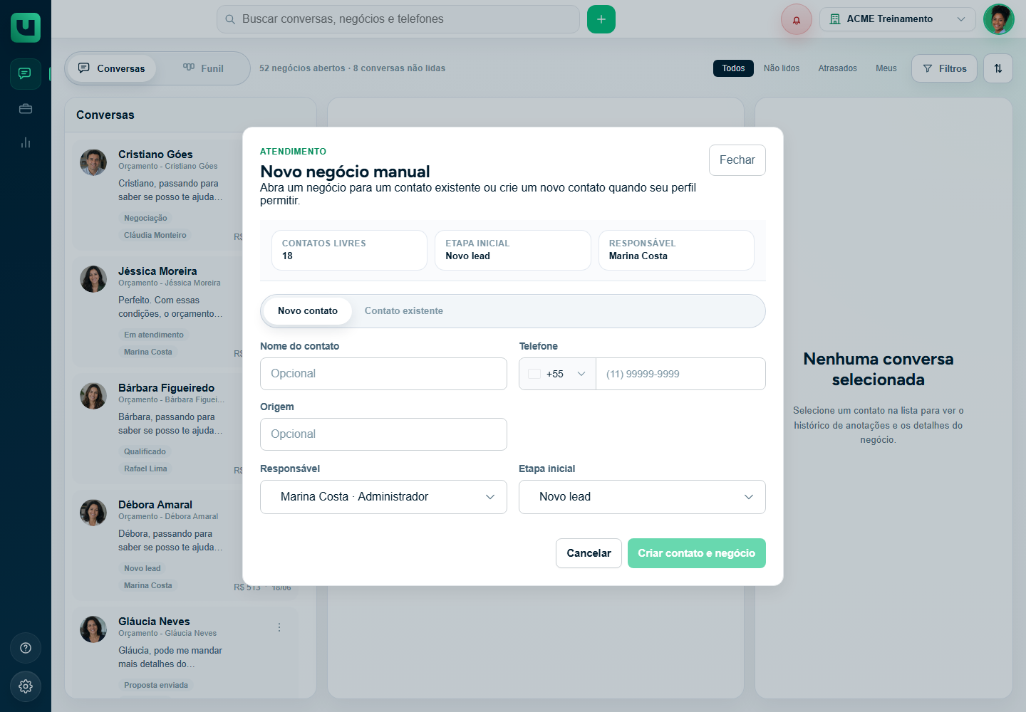 Modal Novo negócio manual no Atendimento com opções Novo contato e Contato existente