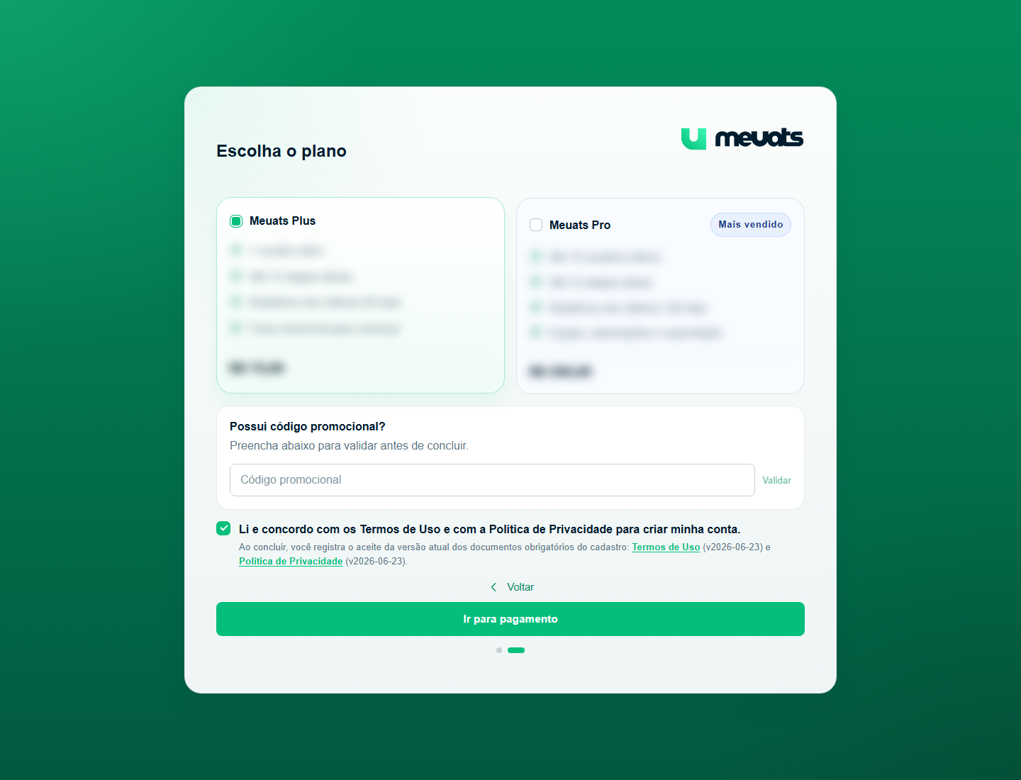 Tela de cadastro do meuats com aceite dos Termos de Uso e Política de Privacidade marcado