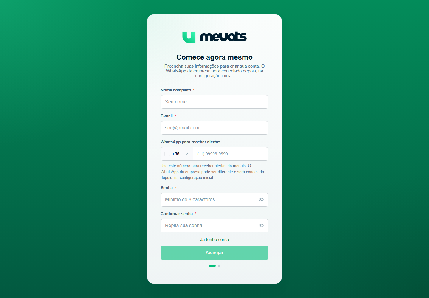 Tela de cadastro do meuats com campos de nome completo, e-mail, WhatsApp para receber alertas, senha e confirmação de senha