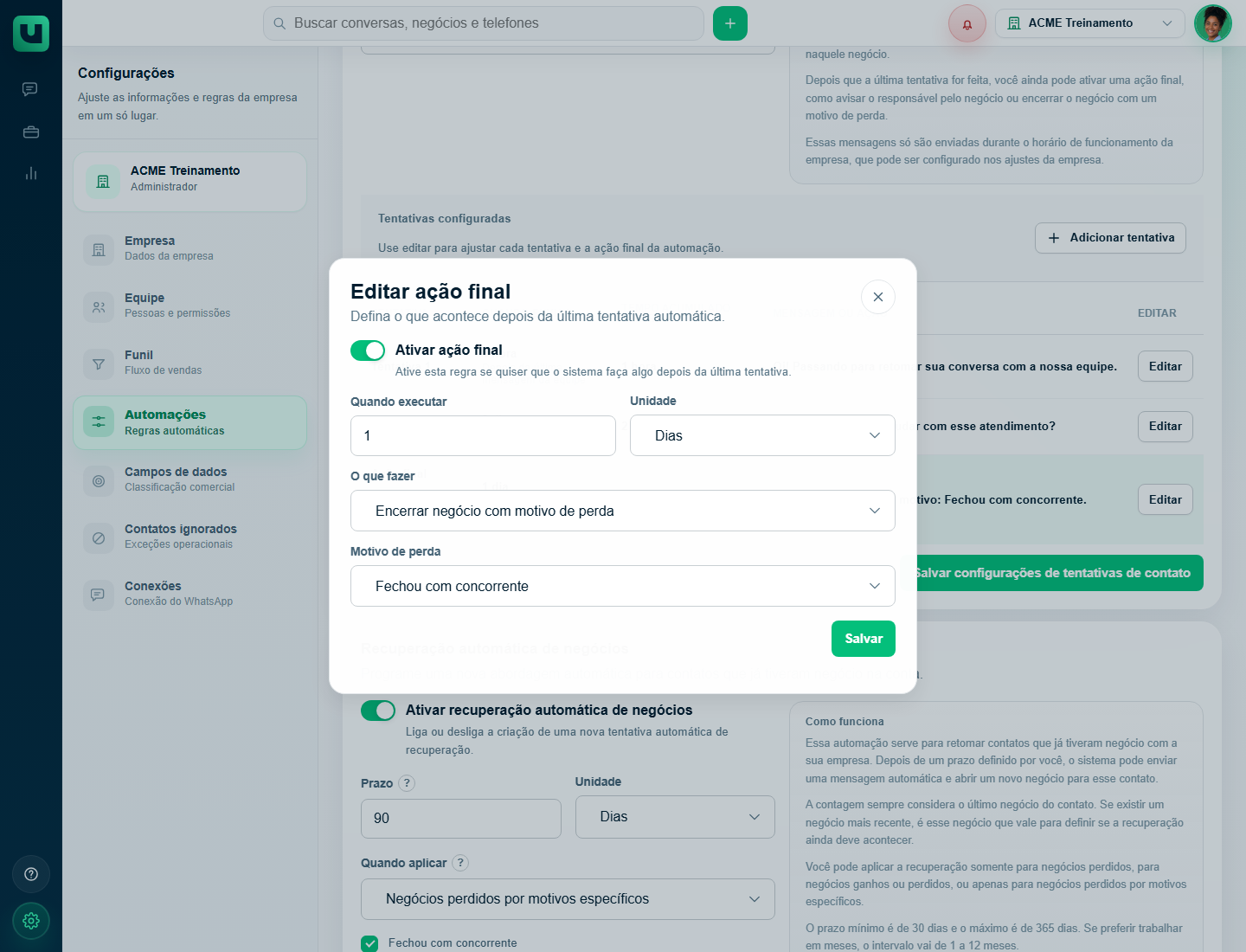 Modal Editar ação final das tentativas automáticas
