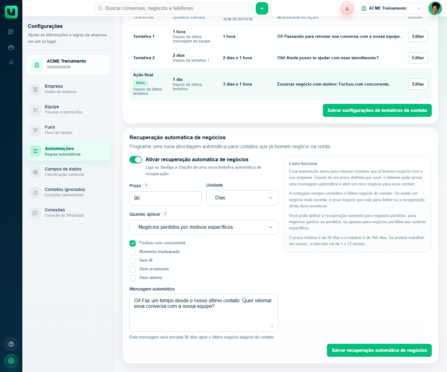 Recuperação automática de negócios configurada