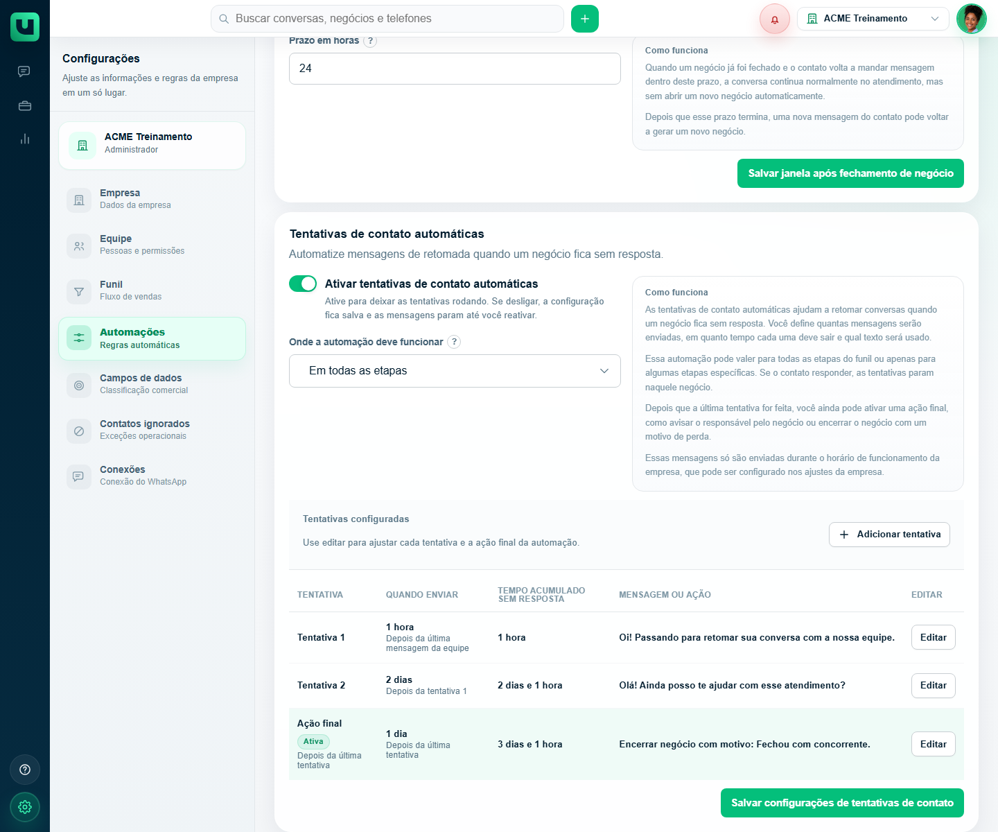 Tentativas de contato automáticas configuradas