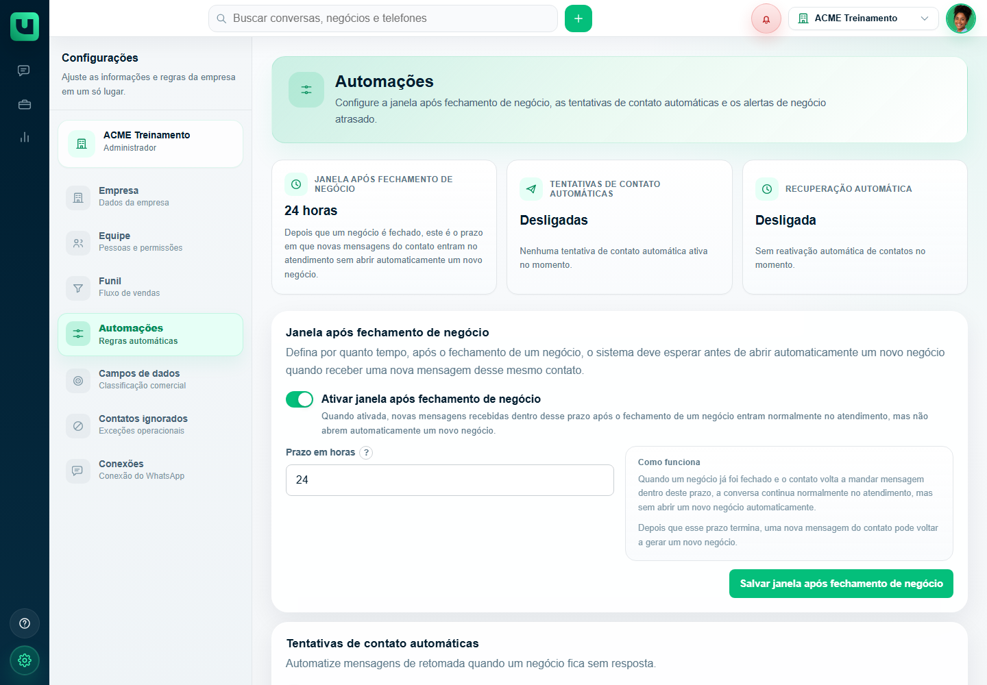 Tela de Automações com janela após fechamento e tentativas automáticas