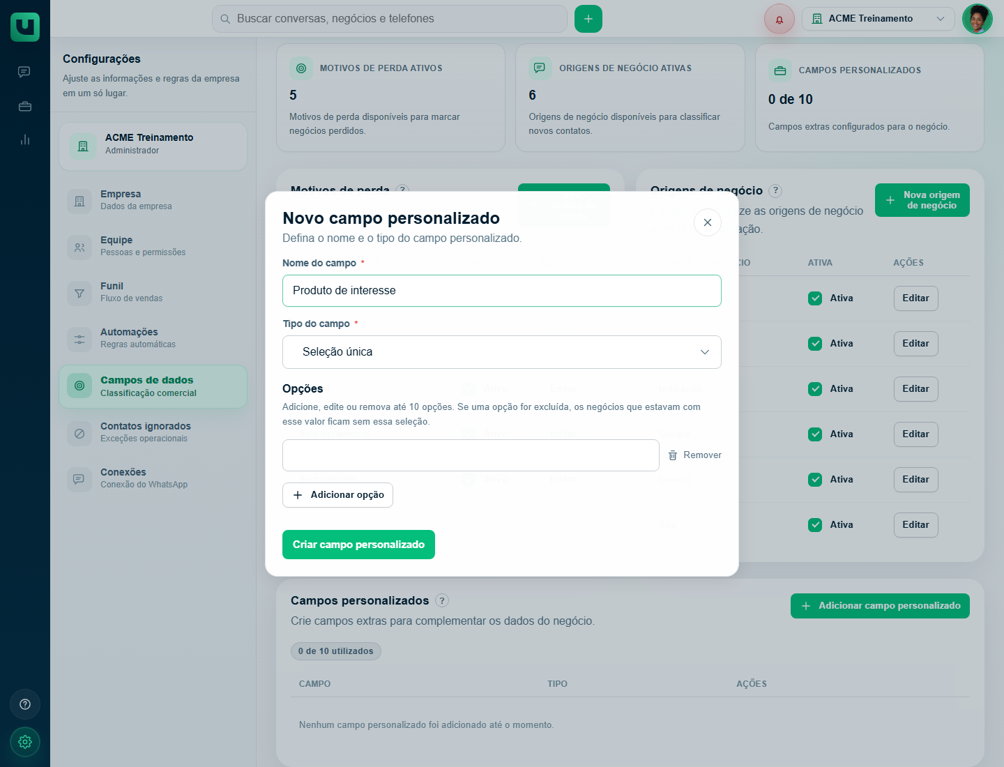 Modal Novo campo personalizado