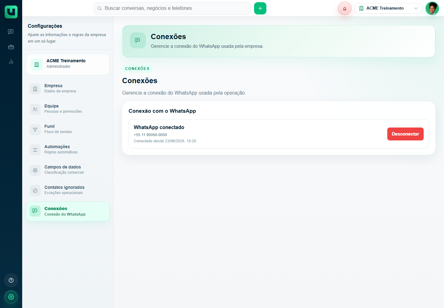 Tela Conexões com WhatsApp conectado