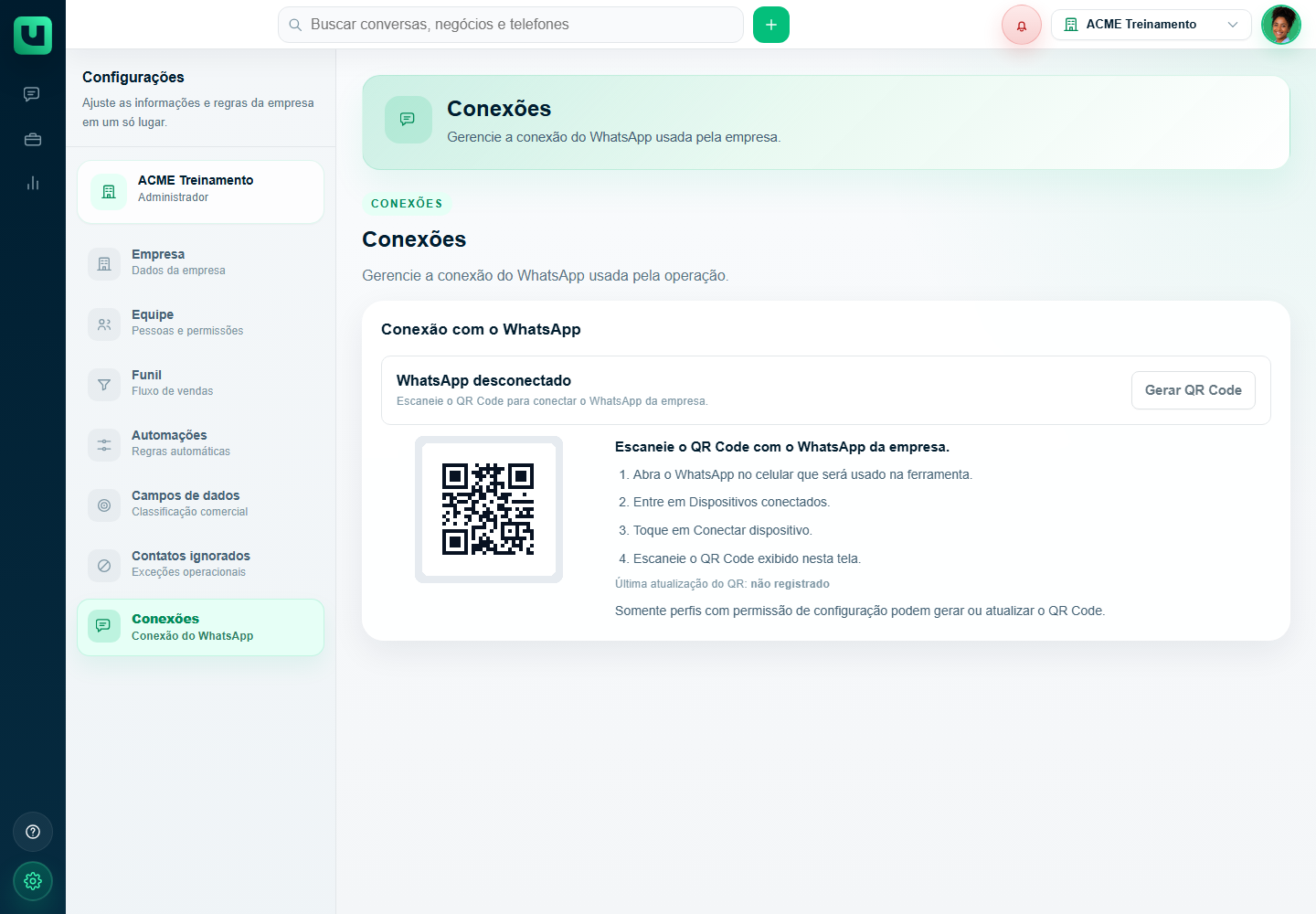 Tela Conexões do meuats com status do WhatsApp e instruções de QR Code