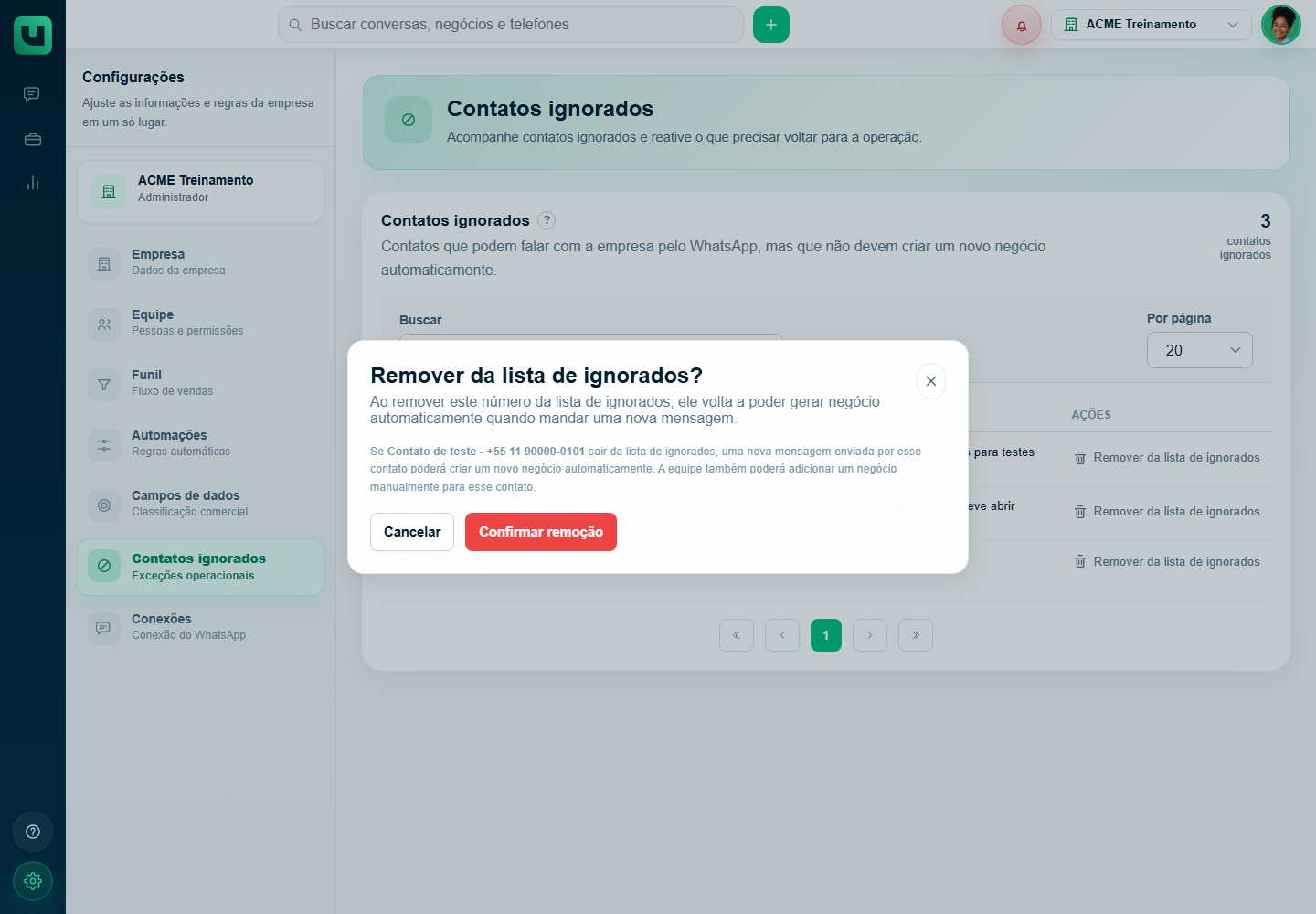 Modal Remover da lista de ignorados