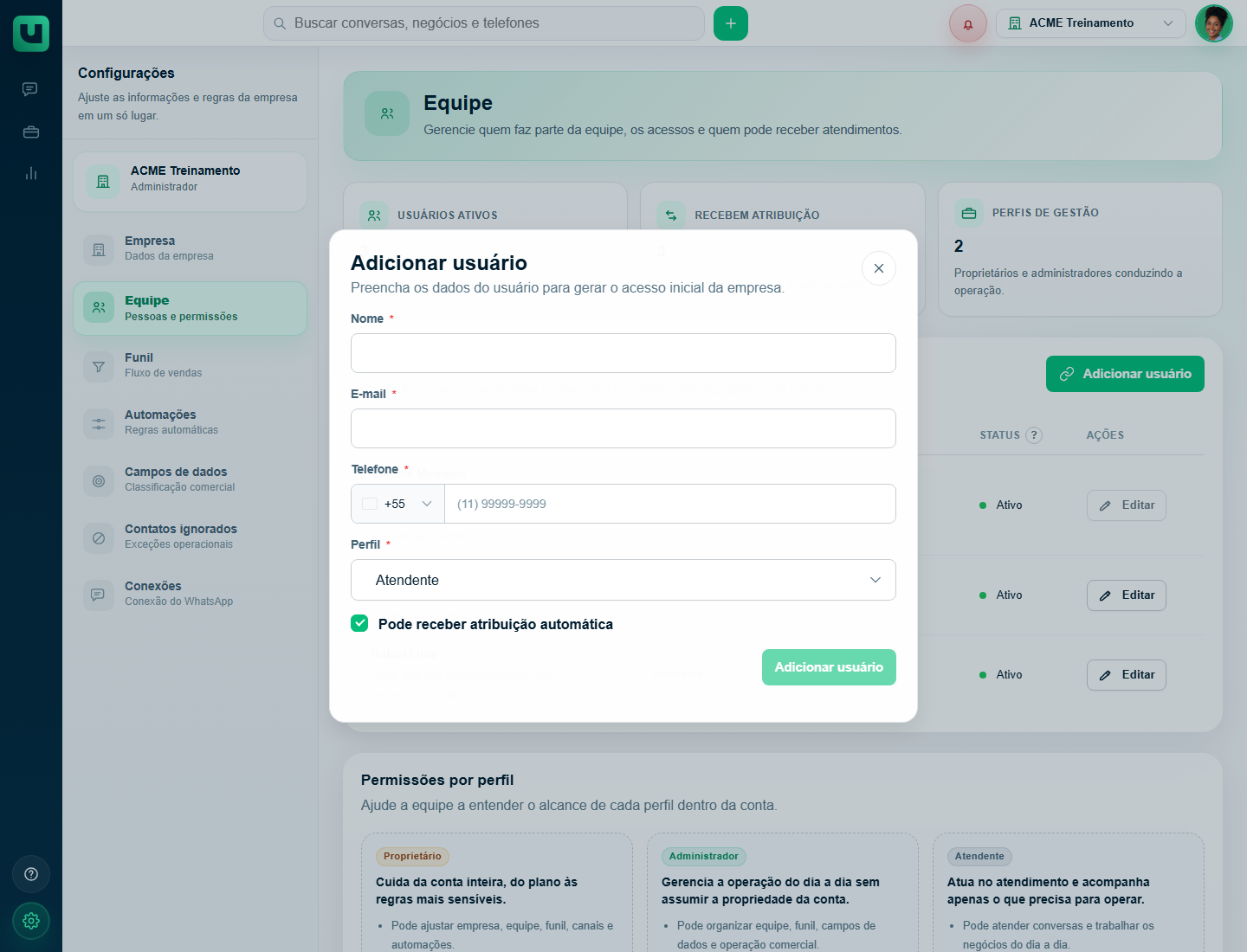Campo Perfil no modal Adicionar usuário