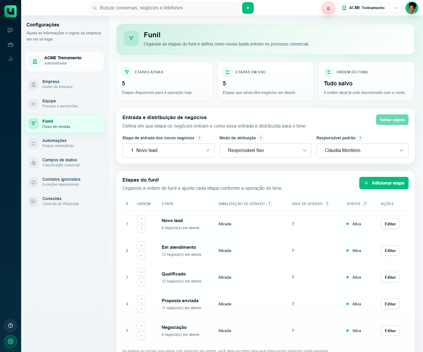 Configurações do Funil com etapas e regras de entrada