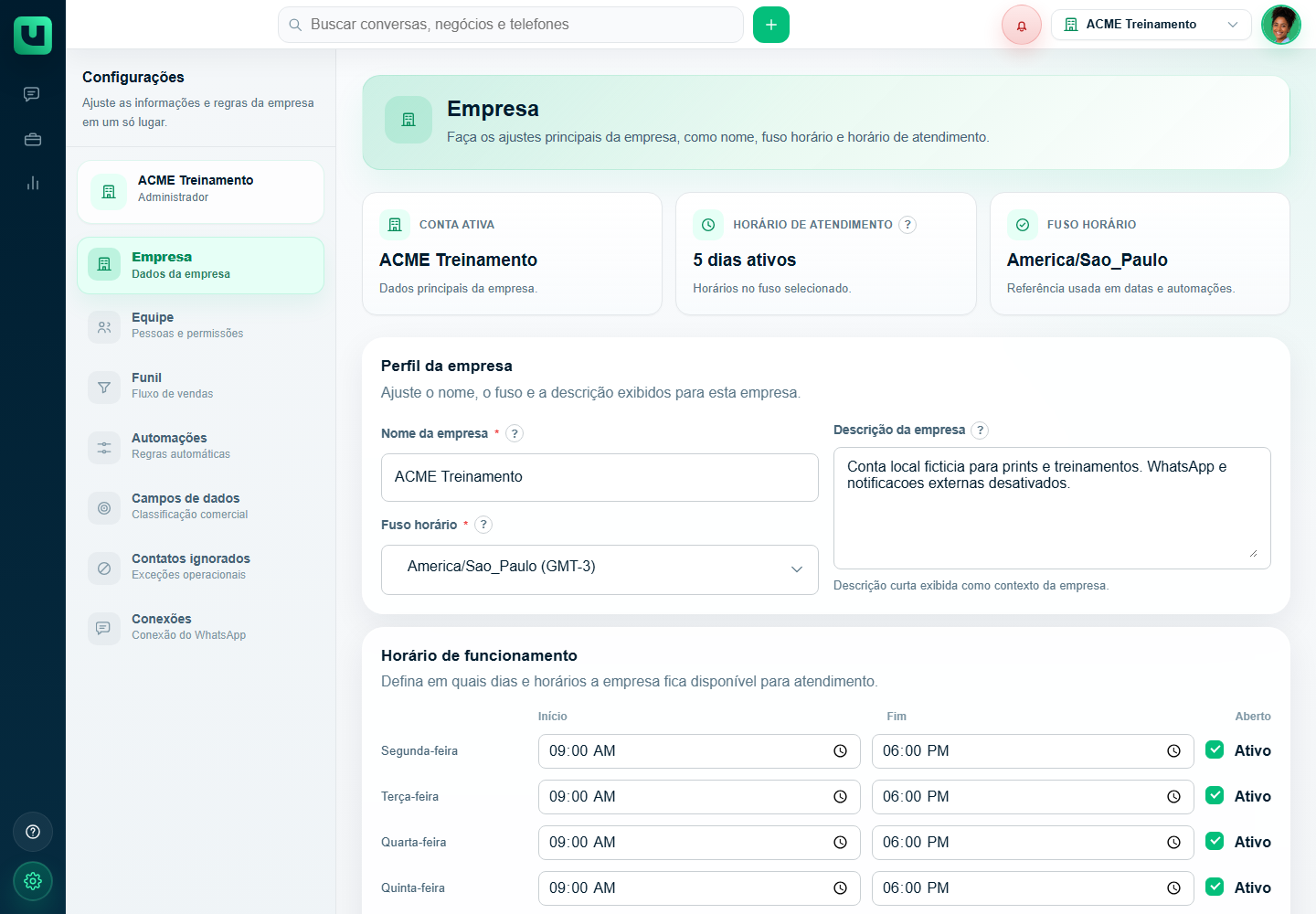Tela Configurações do meuats com menu de Empresa, Equipe, Funil, Automações, Campos de dados, Contatos ignorados e Conexões