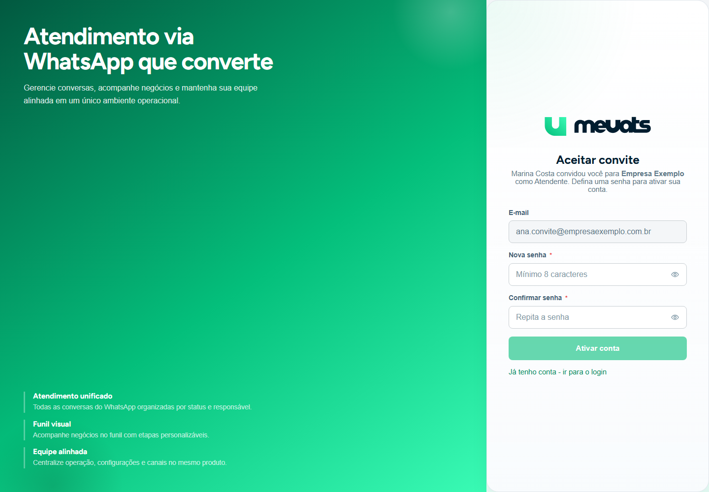 Tela Aceitar convite do meuats, com e-mail convidado, perfil Atendente, campos de nova senha e botão Ativar conta