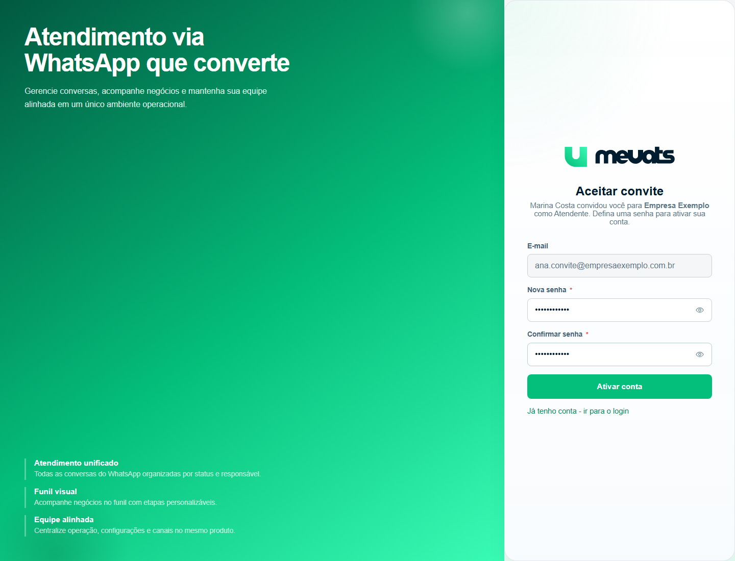 Tela Aceitar convite do meuats com campos Nova senha e Confirmar senha preenchidos e botão Ativar conta