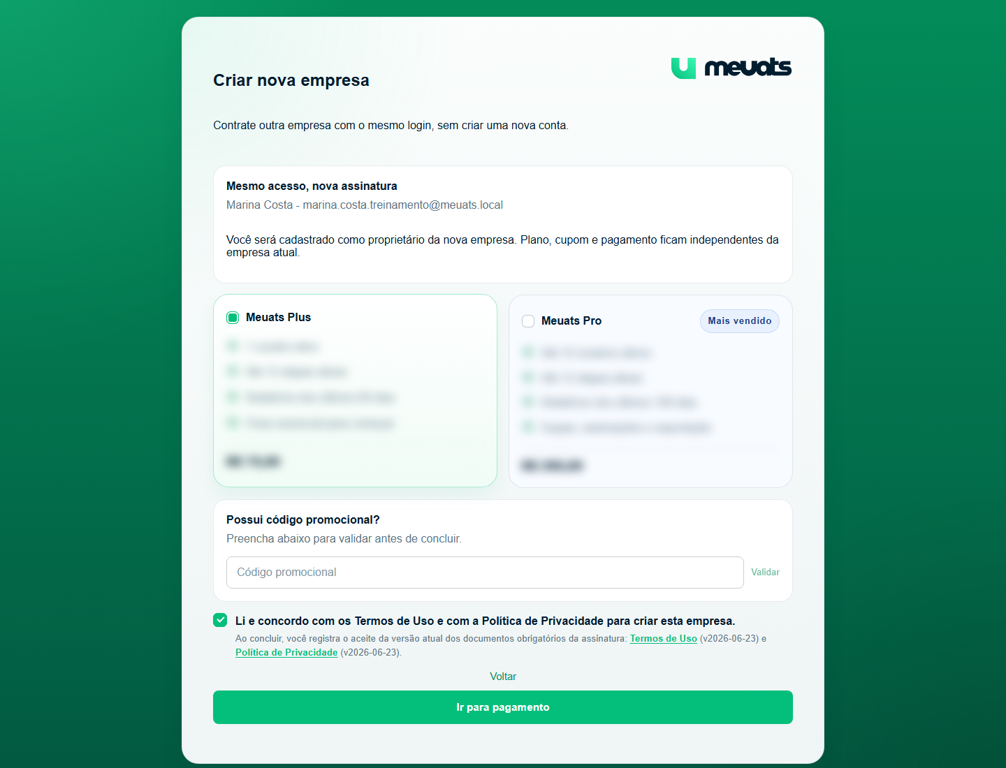 Tela Criar nova empresa com aceite dos Termos de Uso e Política de Privacidade marcado antes de ir para pagamento