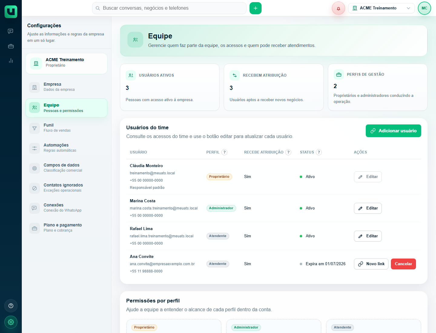 Tela Equipe do meuats mostrando convite pendente na lista de usuários do time