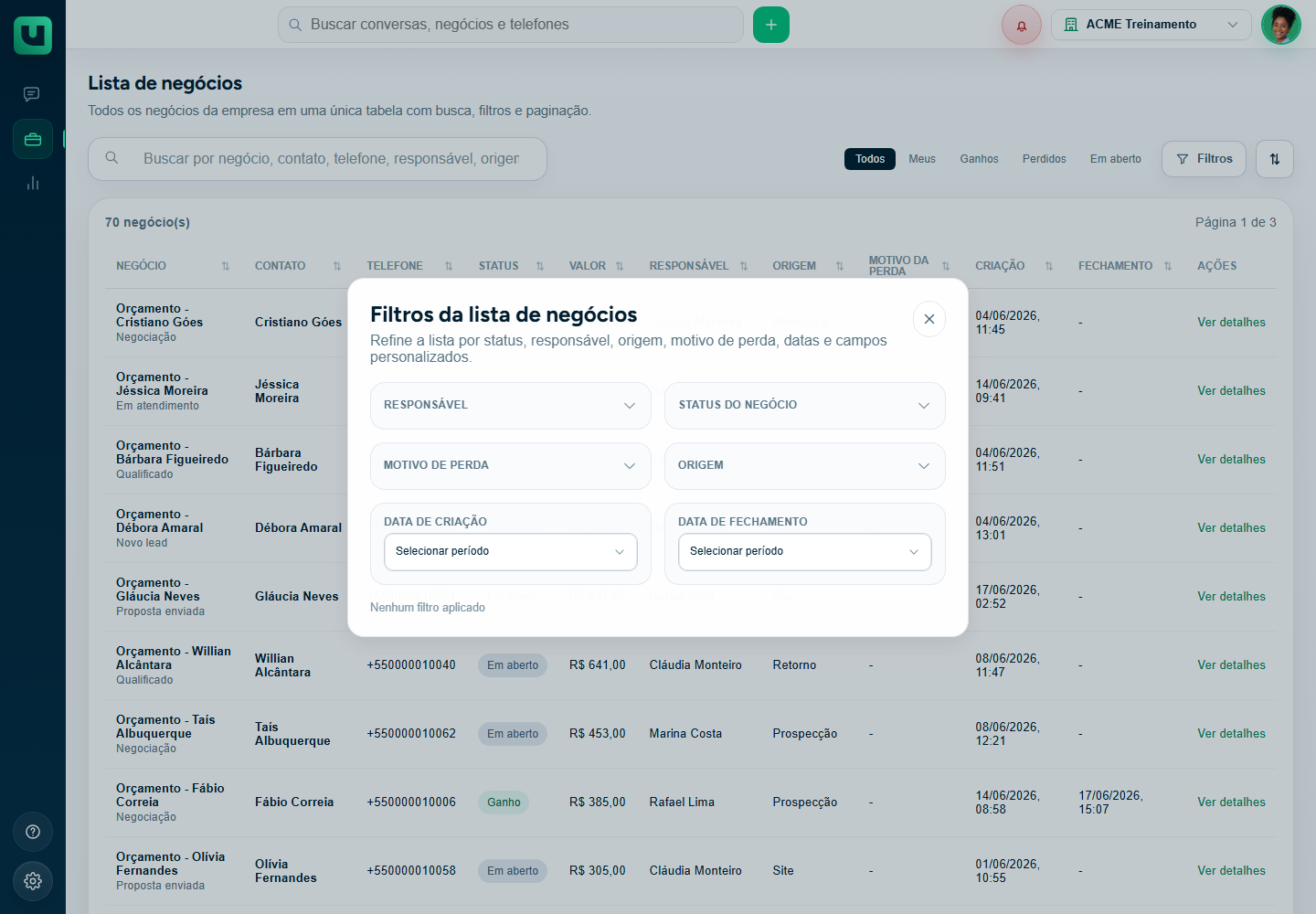 Modal Filtros da lista de negócios