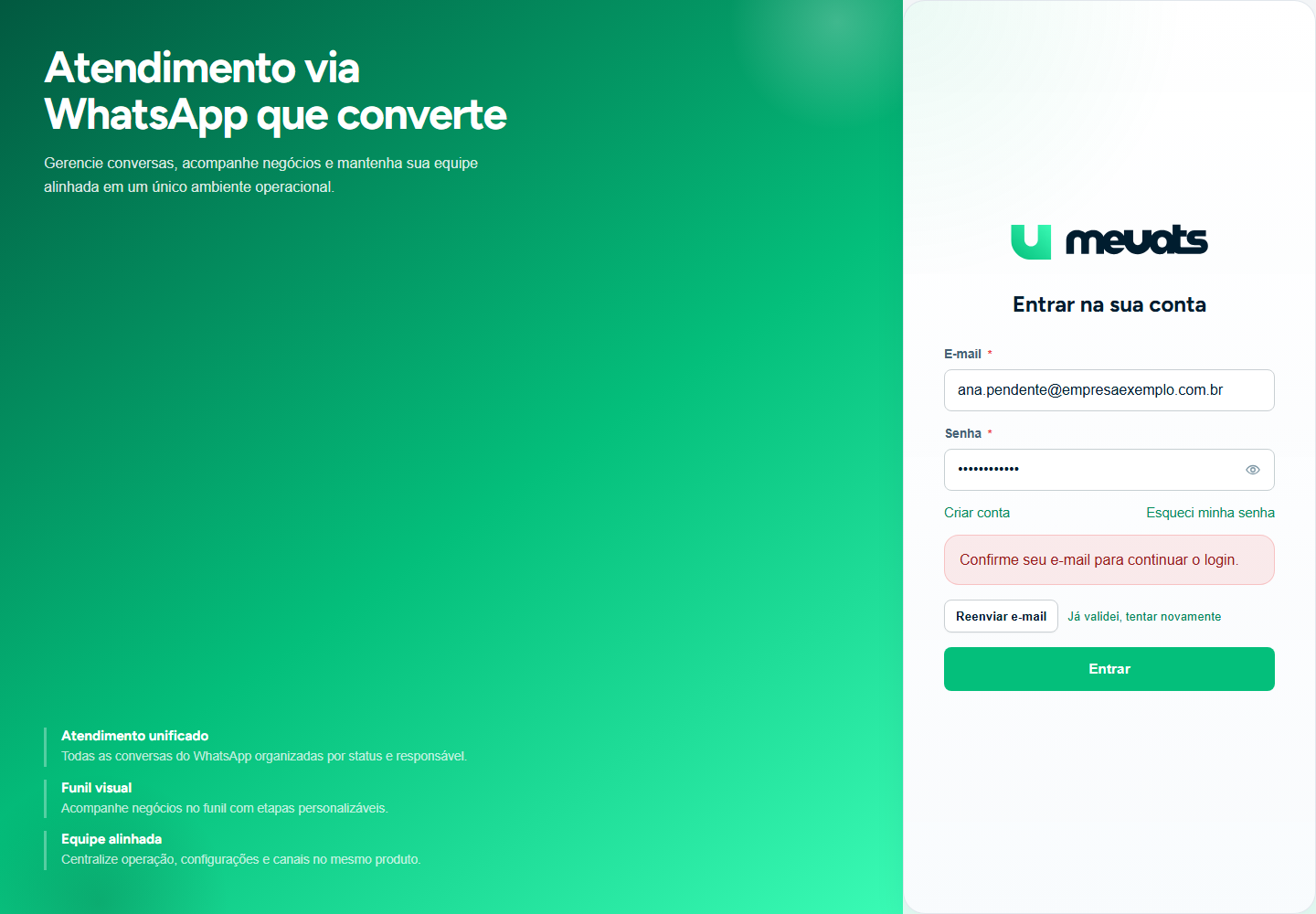 Tela de login do meuats mostrando a mensagem Confirme seu e-mail para continuar o login e os botões Reenviar e-mail e Já validei, tentar novamente