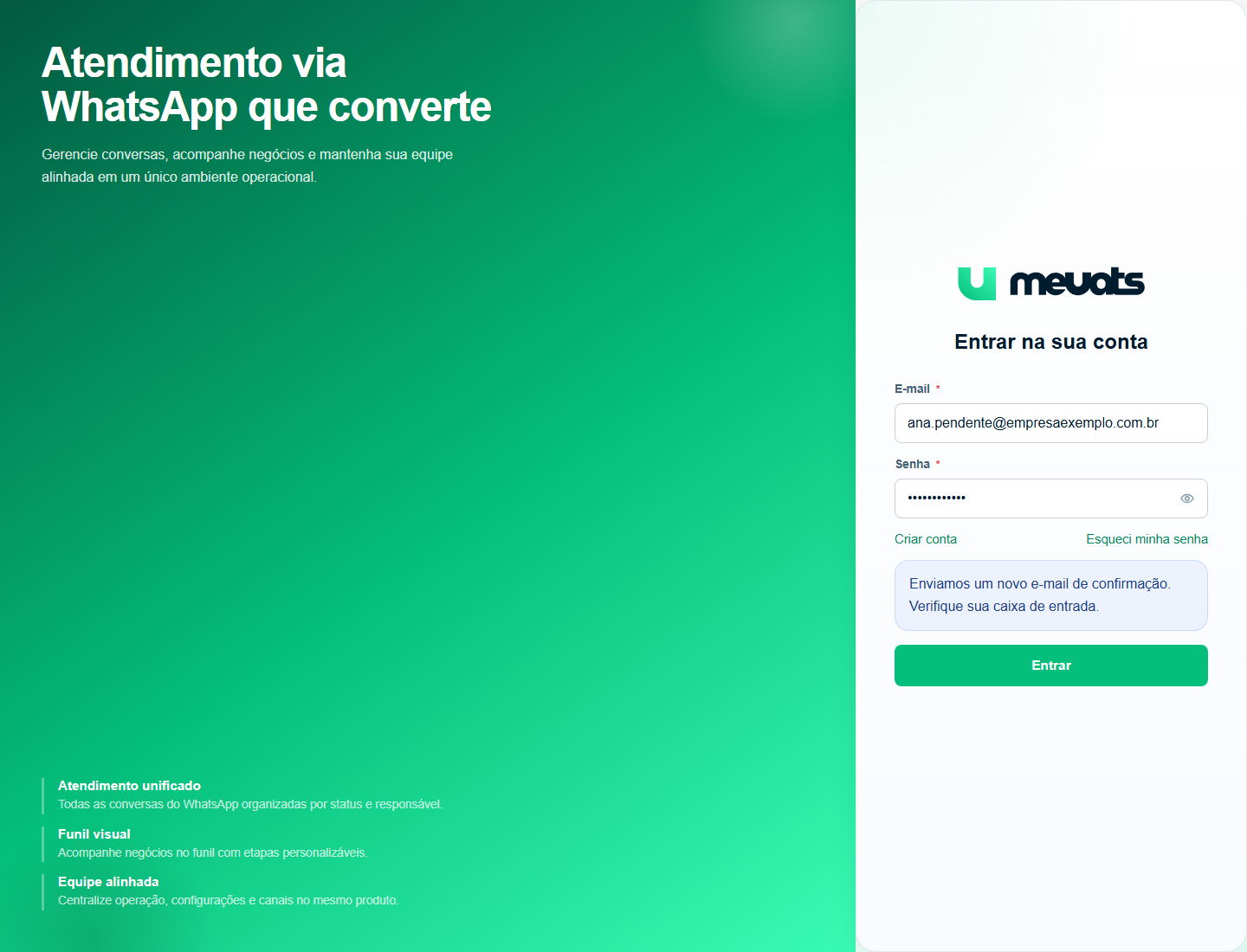 Tela de login do meuats após clicar em Reenviar e-mail de confirmação