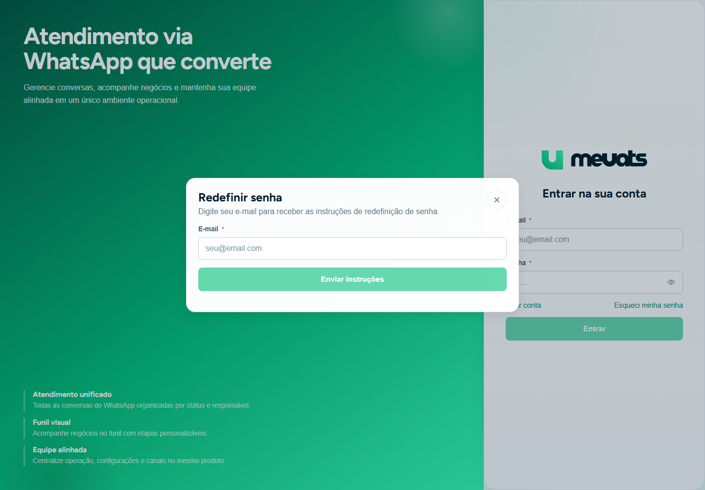 Modal Redefinir senha aberto na tela de login do meuats, com campo de e-mail e botão Enviar instruções
