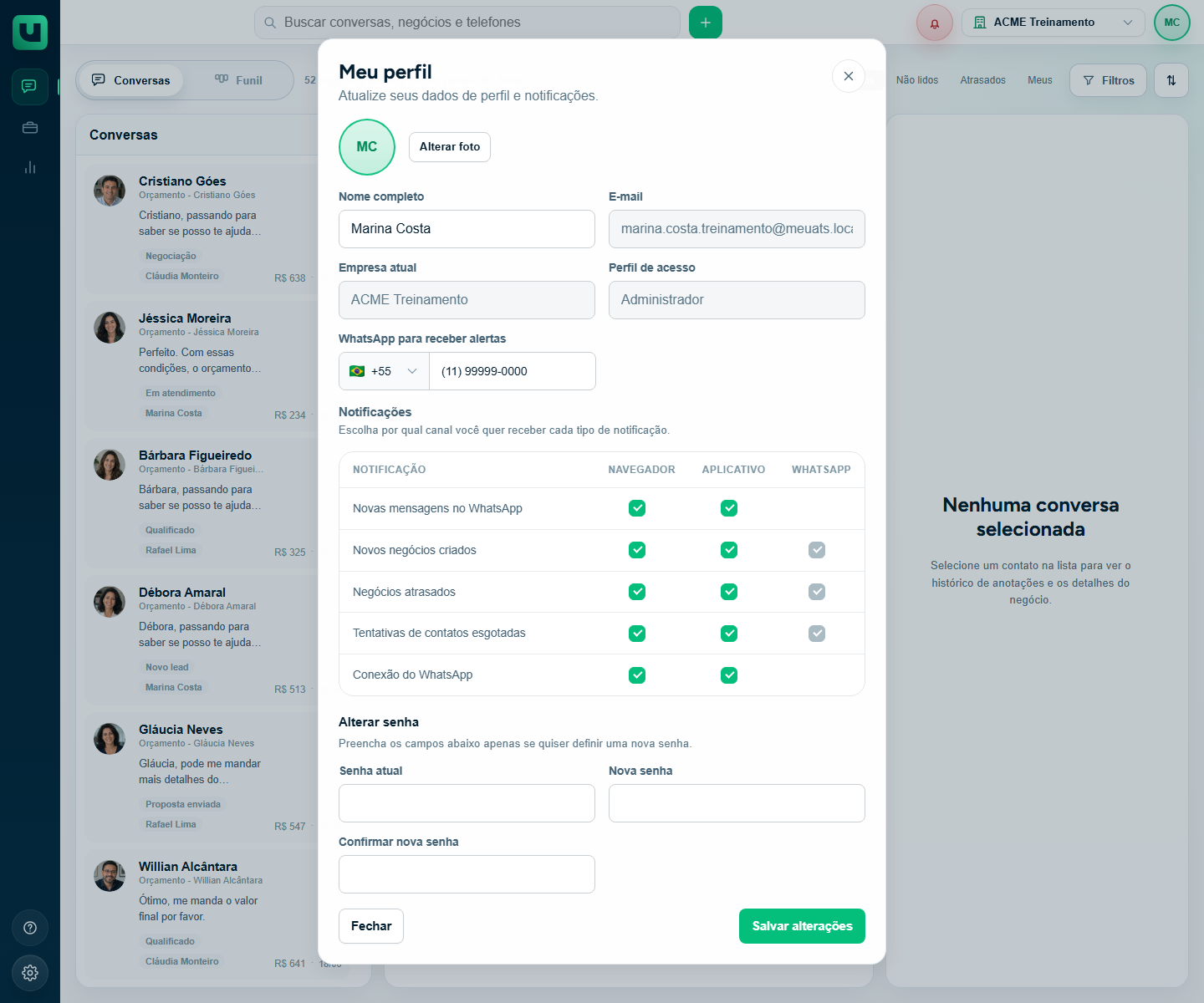 Modal Meu perfil com dados, notificações e senha