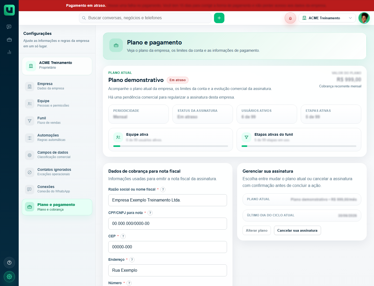 Tela Plano e pagamento com cobrança em atraso