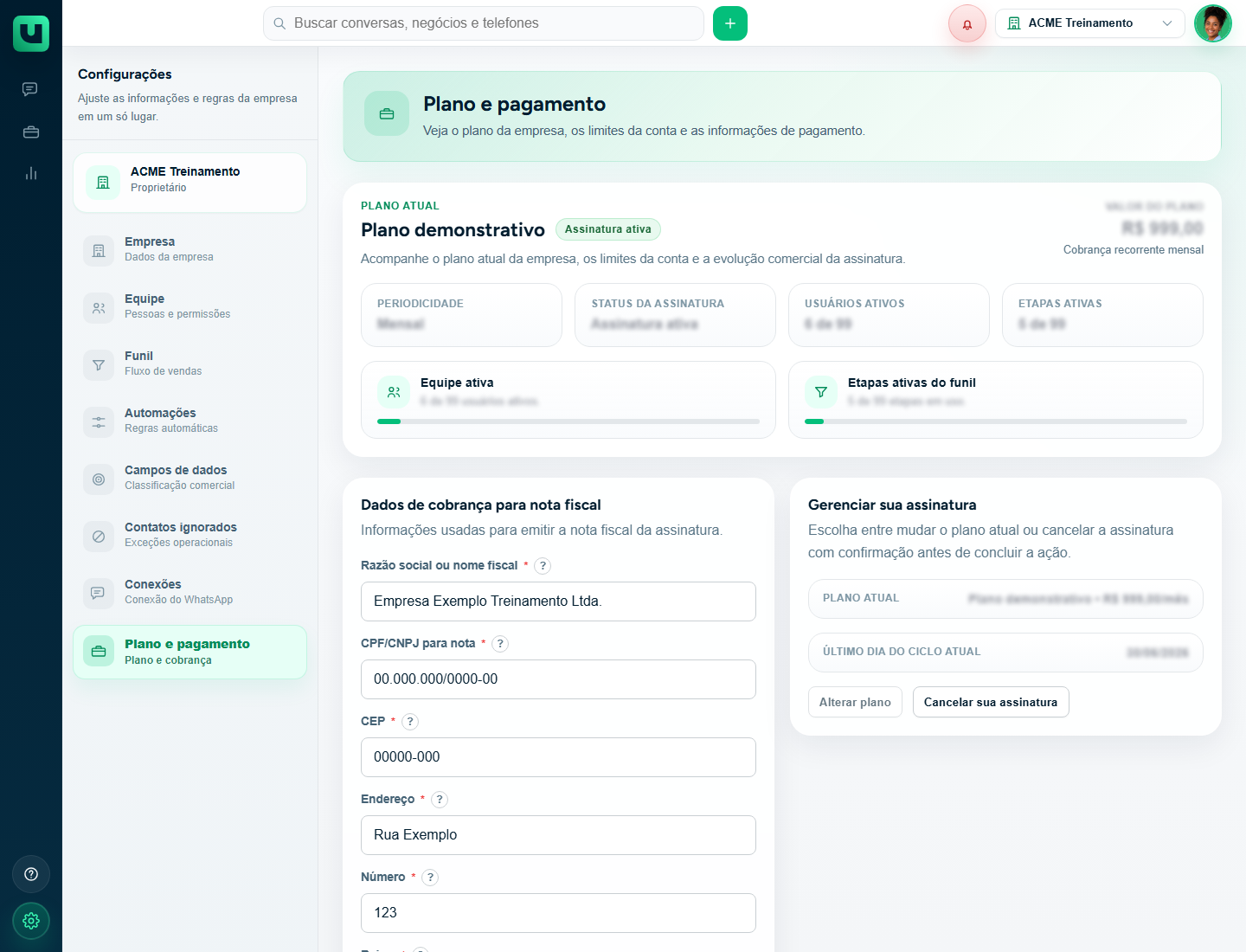 Tela Plano e pagamento com plano atual e dados de cobrança