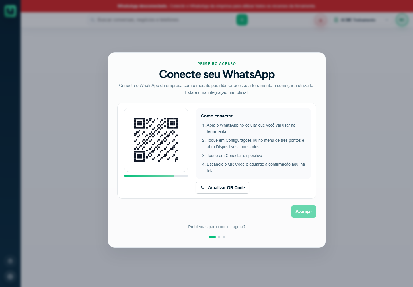 Tela Primeiro acesso do meuats na etapa Conecte seu WhatsApp, com QR Code demonstrativo e instruções de conexão