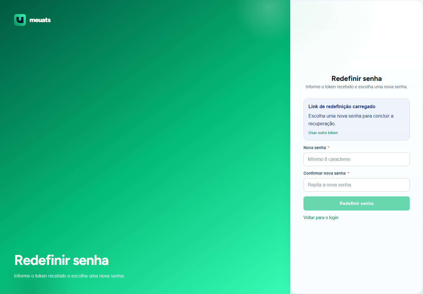 Tela Redefinir senha do meuats com aviso de link de redefinição carregado, campos Nova senha e Confirmar nova senha e botão Redefinir senha