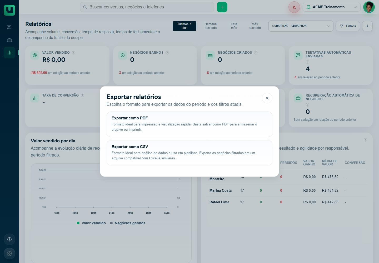 Modal Exportar relatórios com opções PDF e CSV