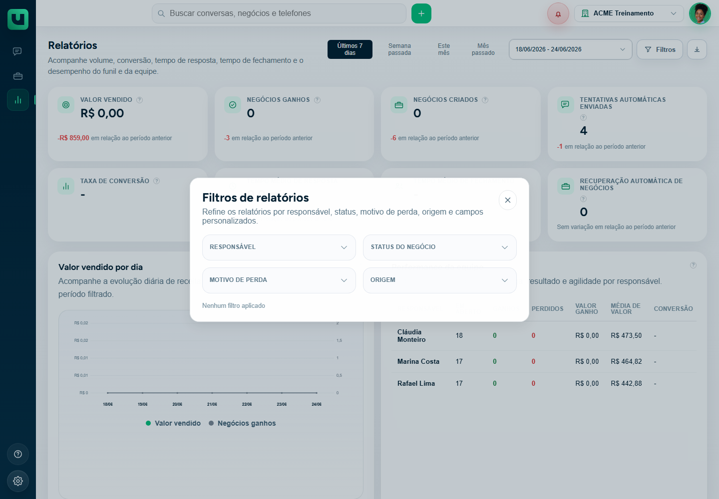 Modal Filtros de relatórios