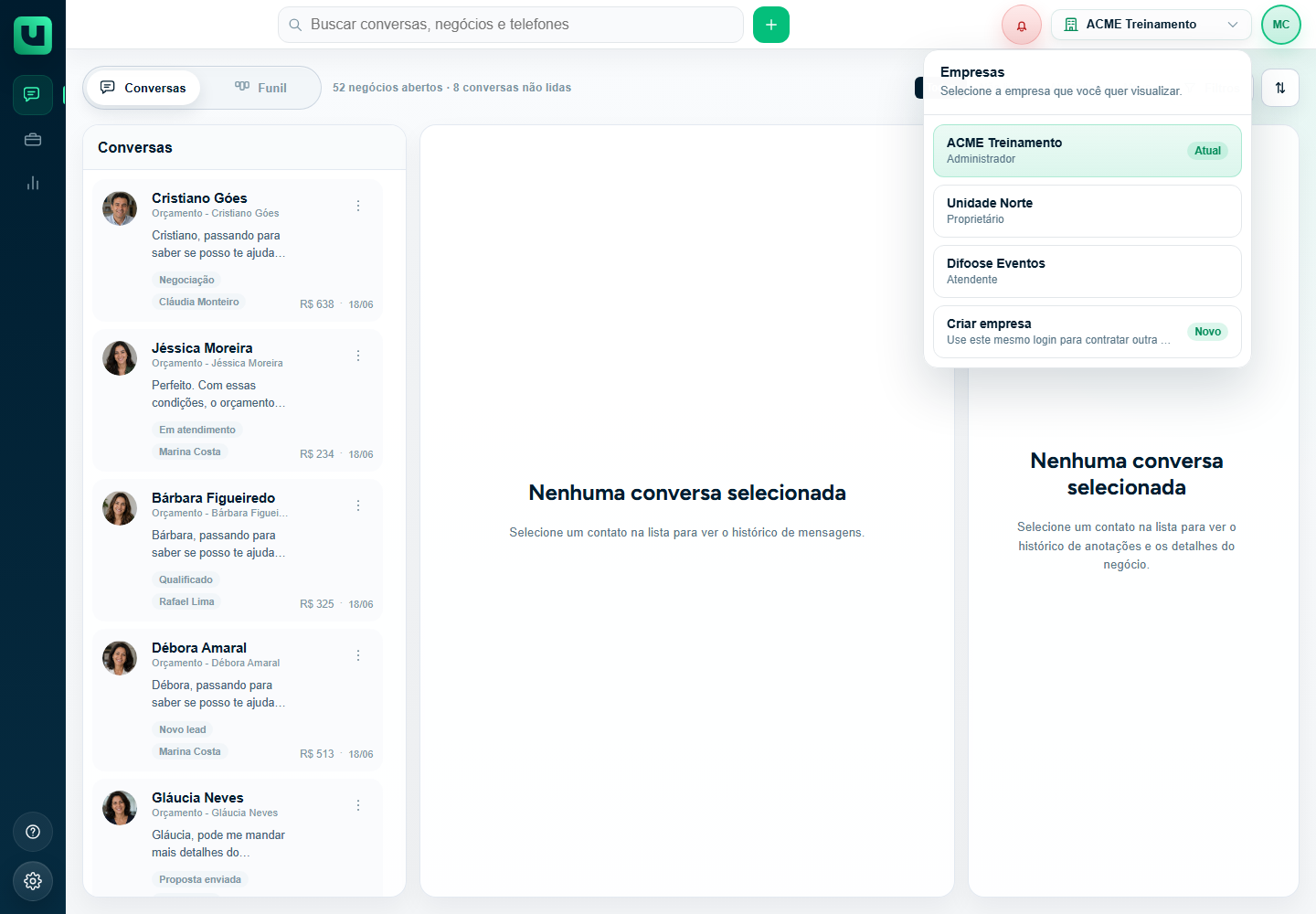 Menu Empresas do meuats mostrando empresa atual, outras empresas disponíveis e botão Criar empresa