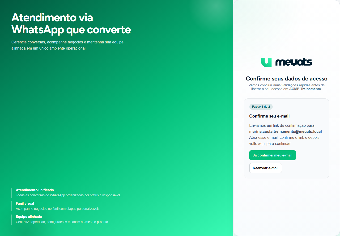Tela Confirme seus dados de acesso do meuats na etapa Confirme seu e-mail