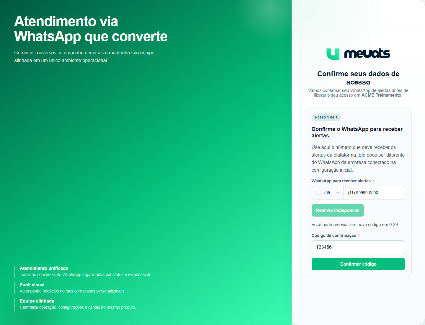 Tela Confirme seus dados de acesso com campo Código de confirmação do WhatsApp e reenvio temporariamente indisponível