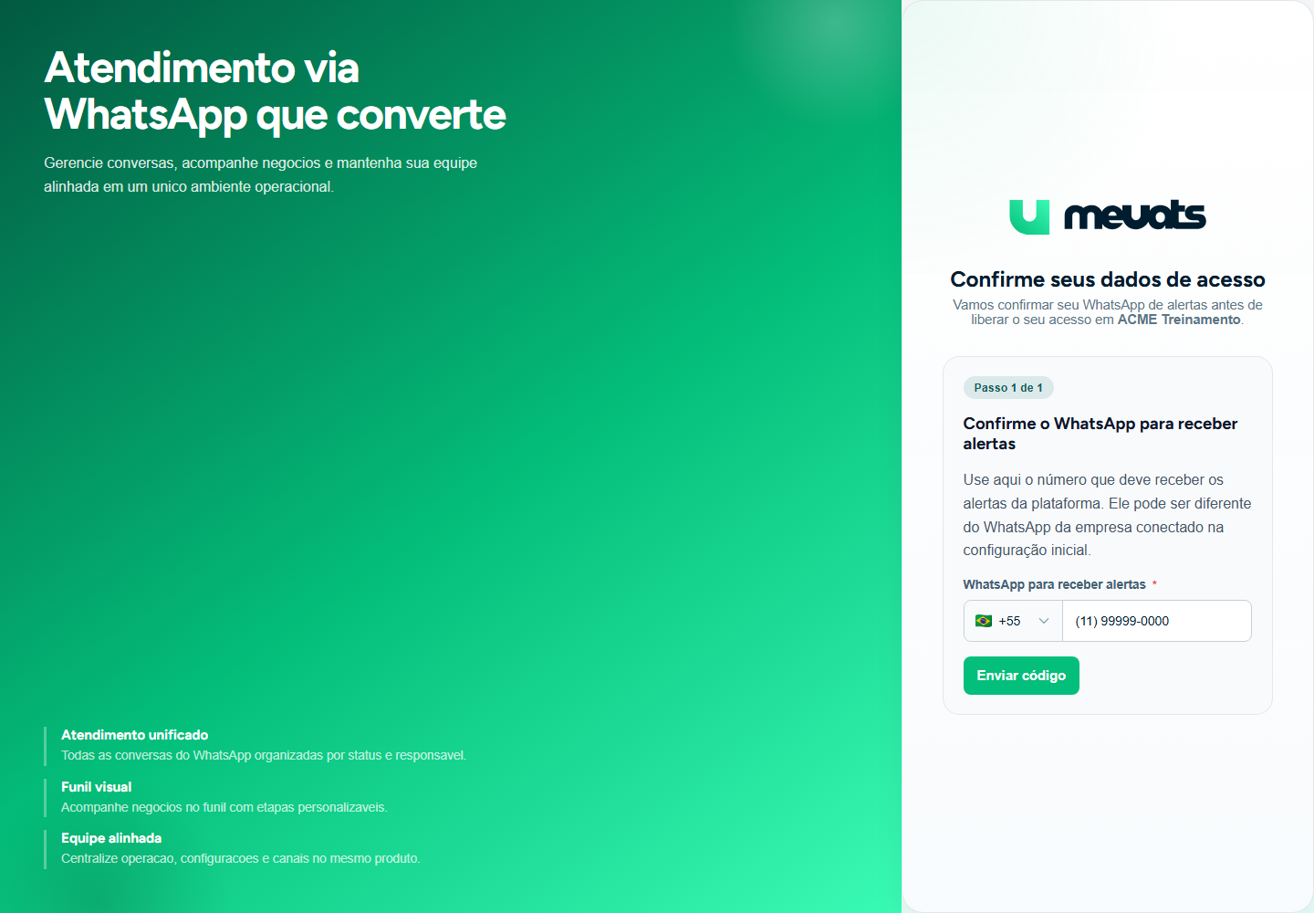 Tela Confirme seus dados de acesso do meuats na etapa Confirme o WhatsApp para receber alertas