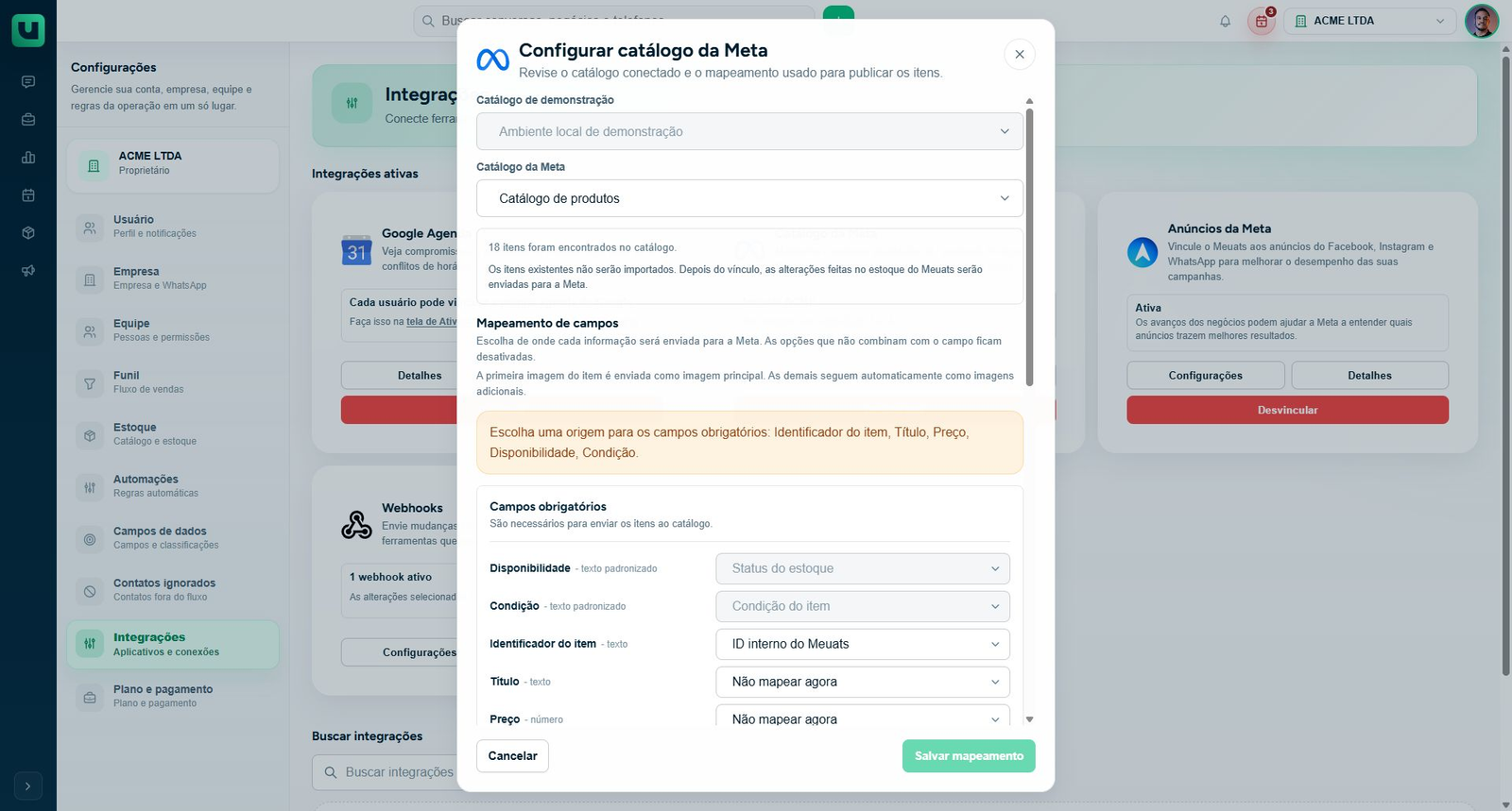 Configuração de mapeamento já existente