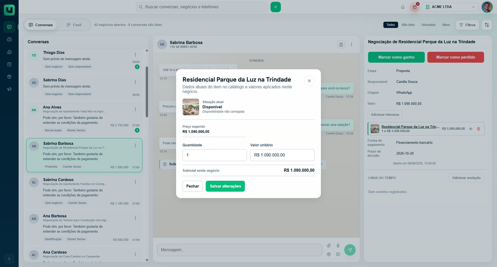 Editor de interesse com quantidade, valor unitário e subtotal do negócio