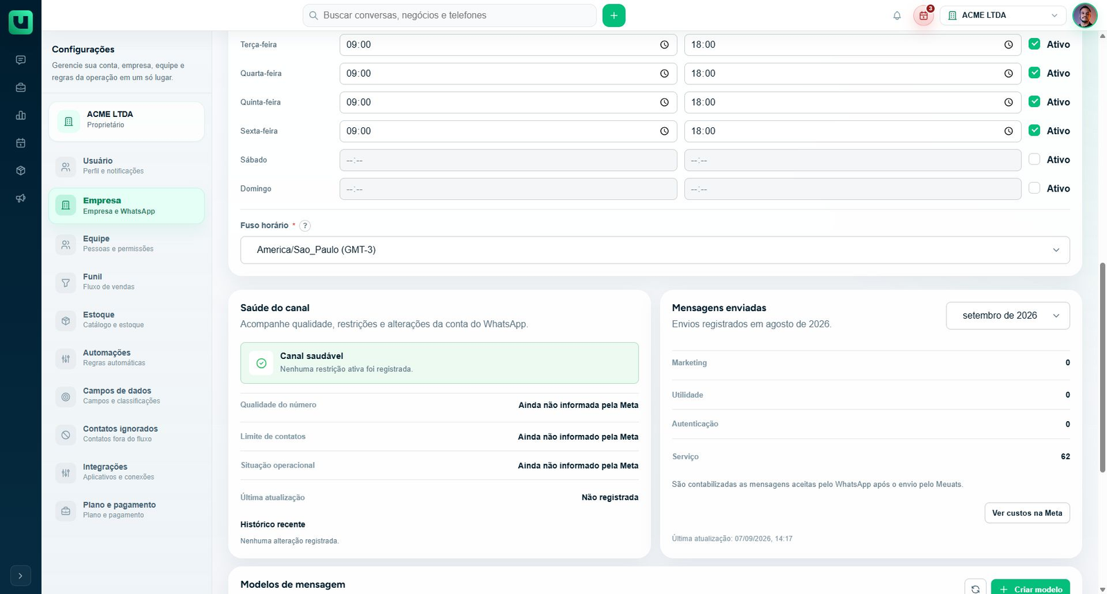 Saúde do WhatsApp com restrições, qualidade, limite e situação operacional