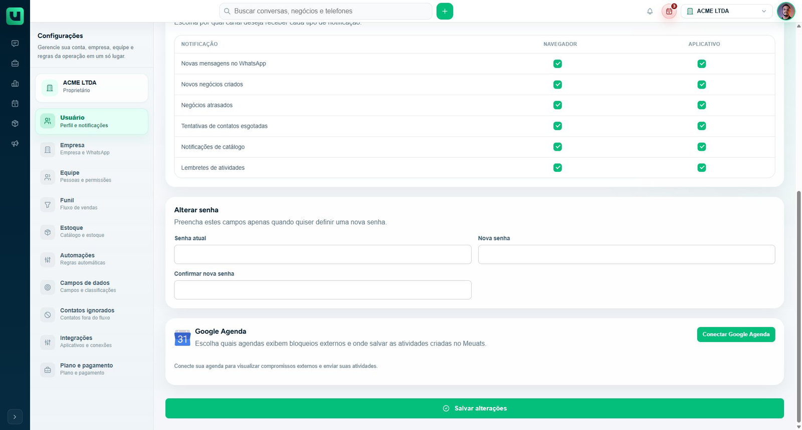 Bloco Alterar senha com senha atual, nova senha e confirmação vazios