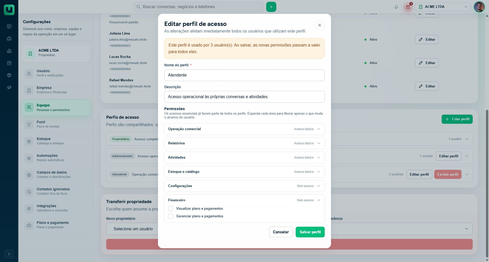 Editor de perfil: permissões Financeiro