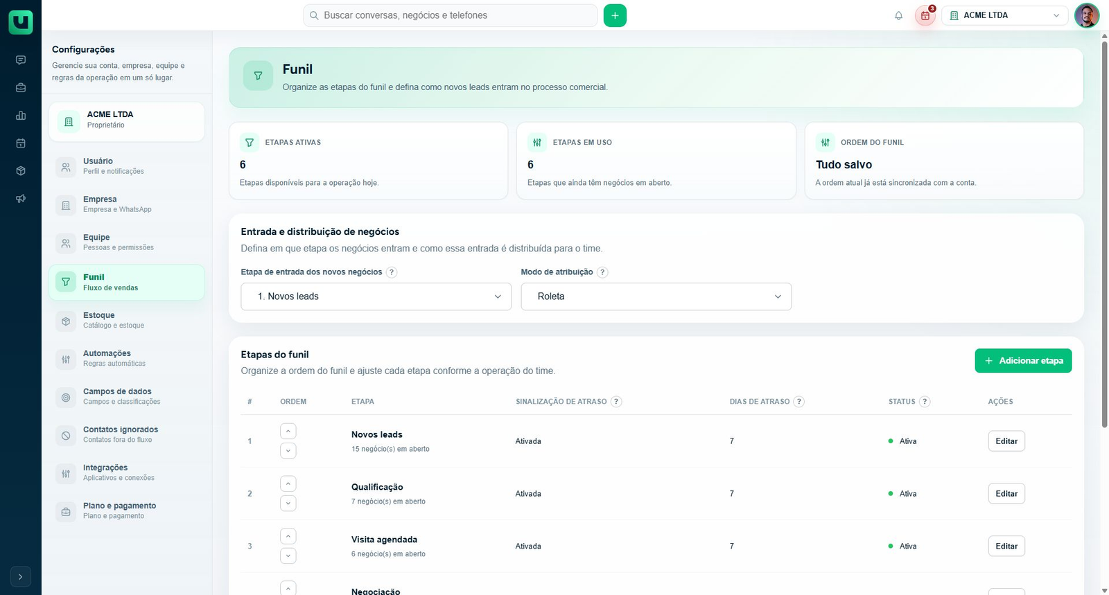Configurações > Funil: entrada e atribuição