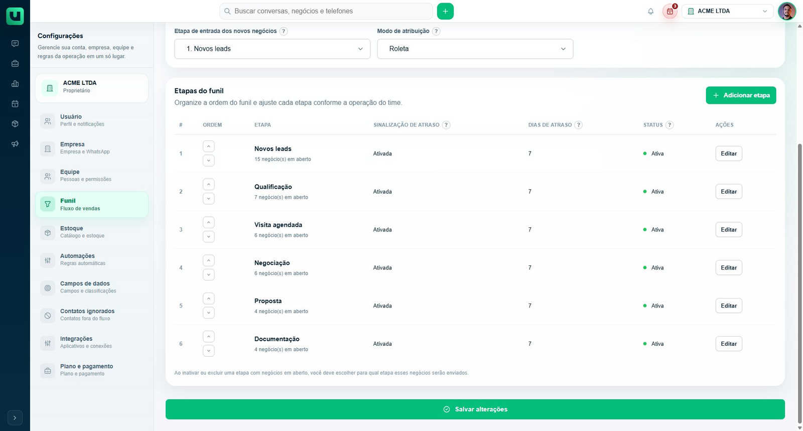 Configurações > Funil: etapas e setas de ordenação
