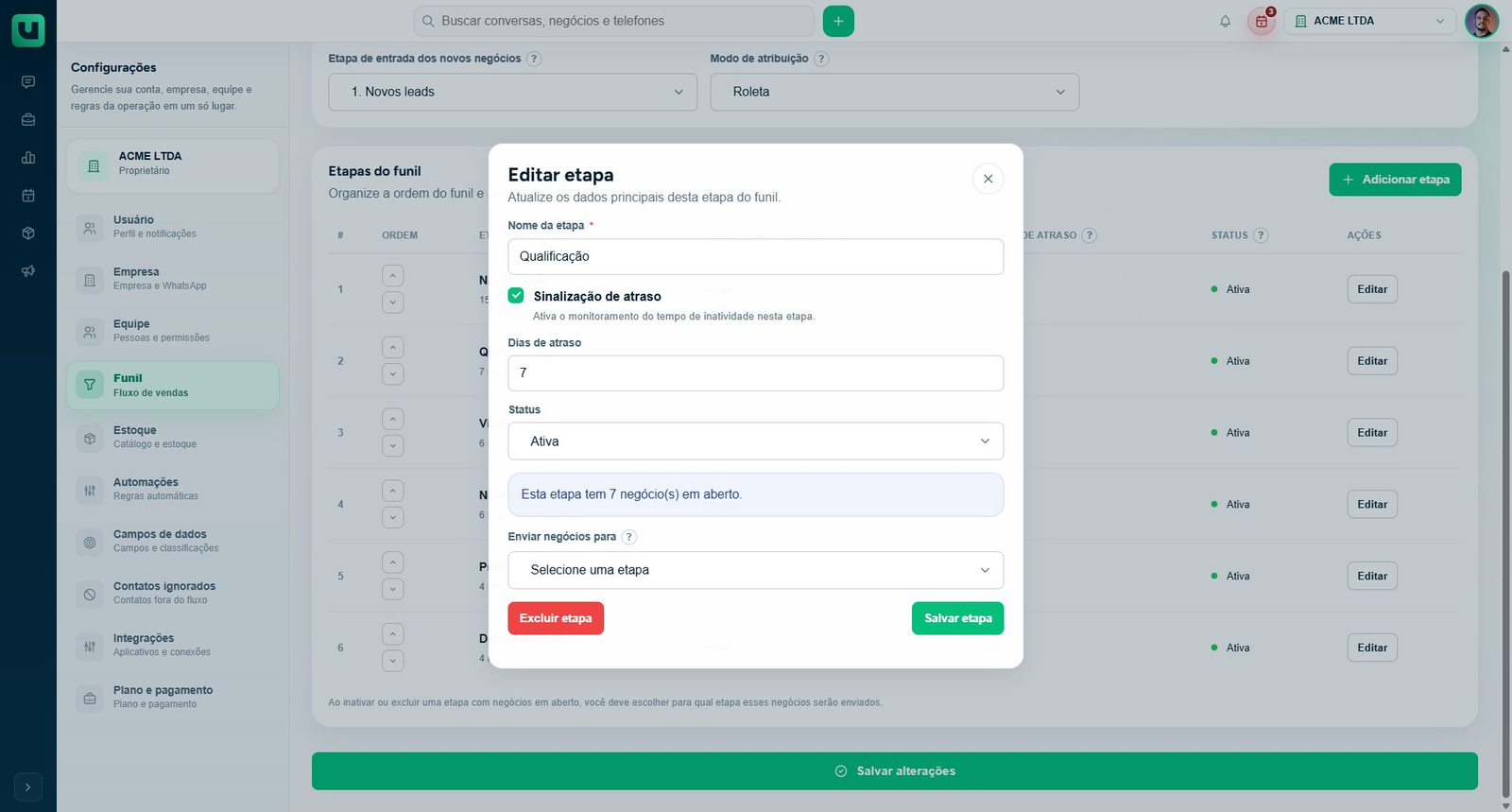 Editor de etapa existente: status, atraso e transferência quando já disponível