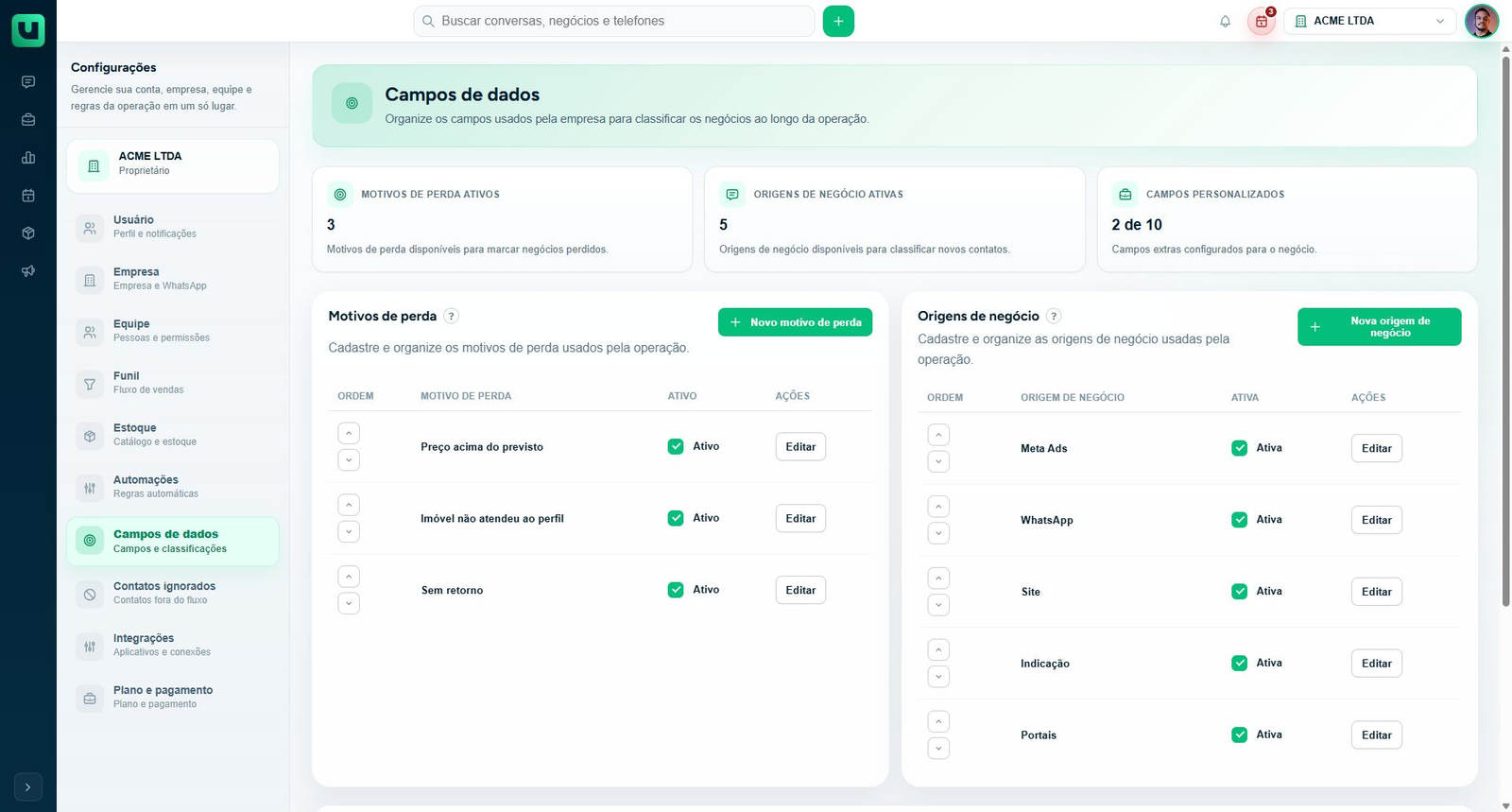 Configurações > Campos de dados: origens