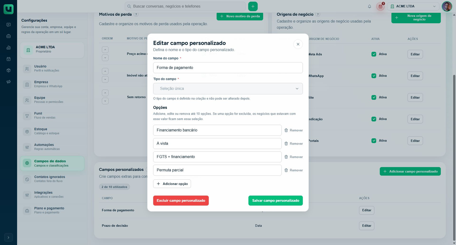 Editor de campo de seleção existente com opções