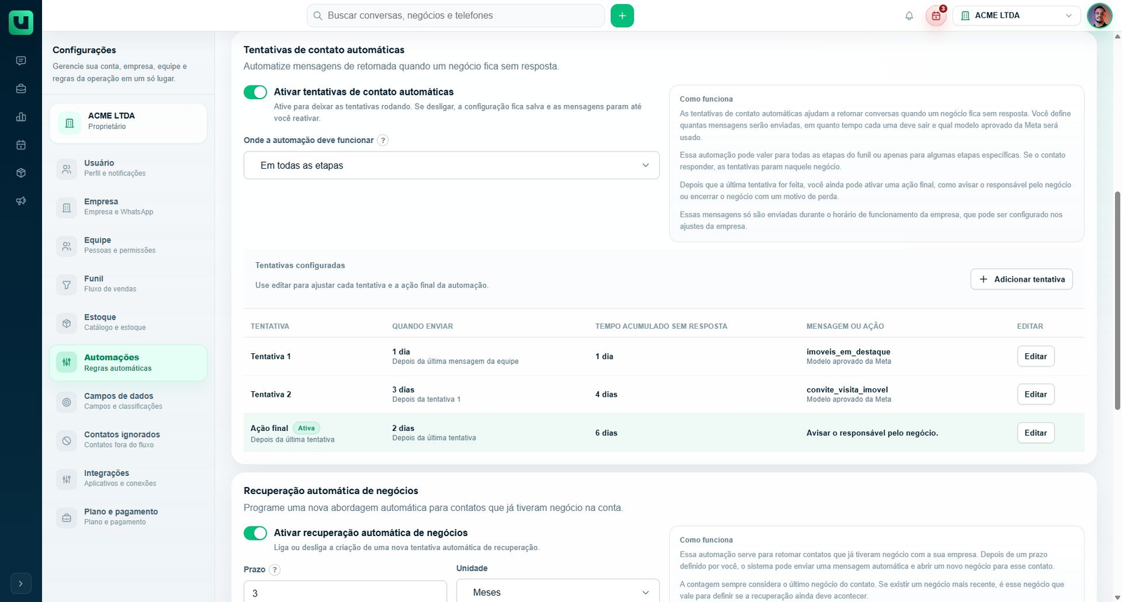 Configurações > Automações: escopo e estado das tentativas
