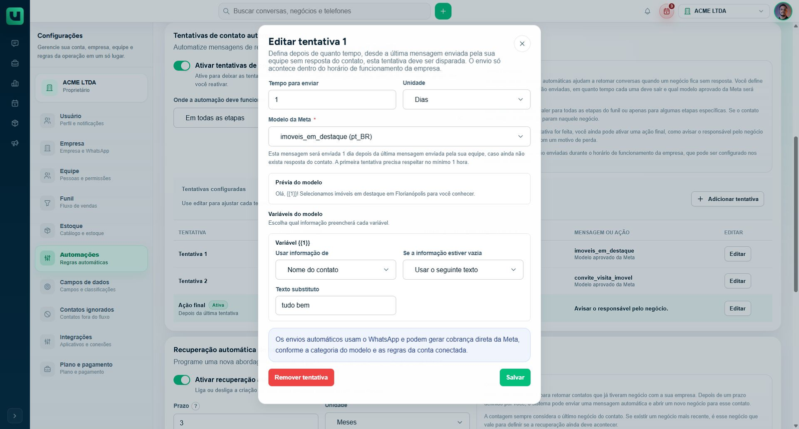 Editor de tentativa existente com prazo e modelo