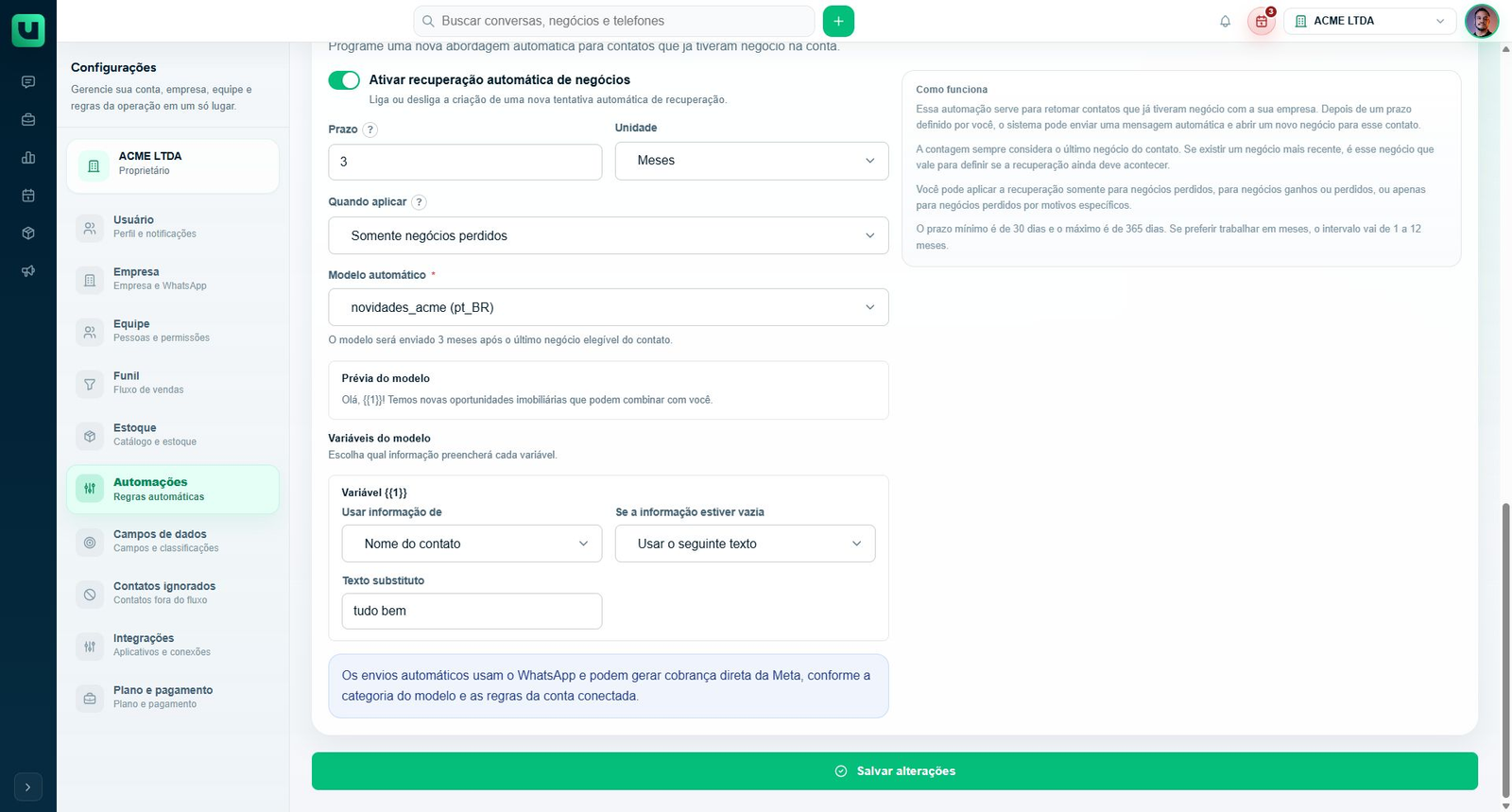 Configuração existente de recuperação por prazo e motivo